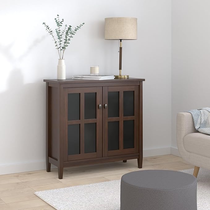 SIMPLIHOME Warm Shaker SOLID WOOD 32 inch Wide Transitional Low Storage Cabinet in Tobacco Brown for the Living Room, Entryway and Family Room