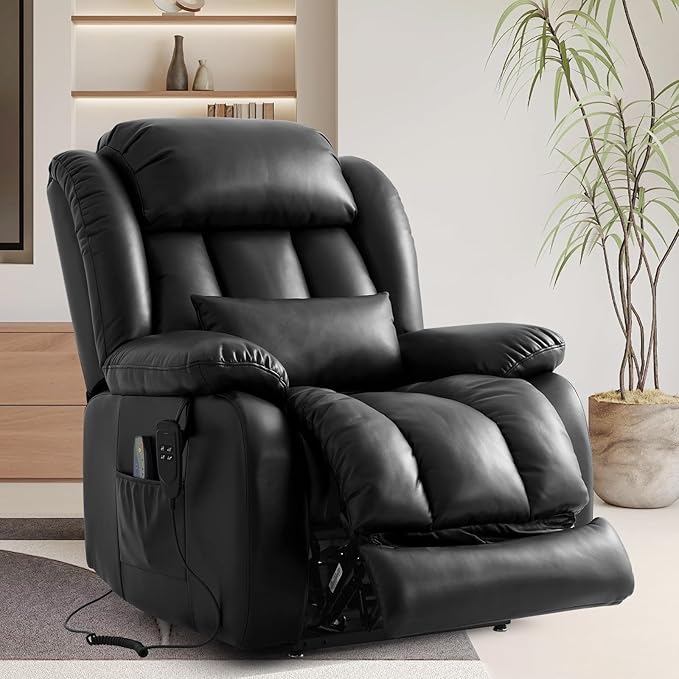 TEKAMON Power Lift Recliner Chair for Elderly with Heat & Massage, Dual Motor Breathable Leather Recliner, Lay Flat Sleeping Chairs with Infinite Position, RemoteControl (Black, Extended)