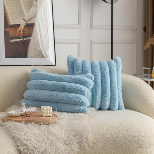 Neelvin Blue Faux Fur Cozy Soft Striped Decorative Throw Pillow Covers 22x22 inch Set of 2,Velvet Pillowcase Cushion Case for Sofa Couch