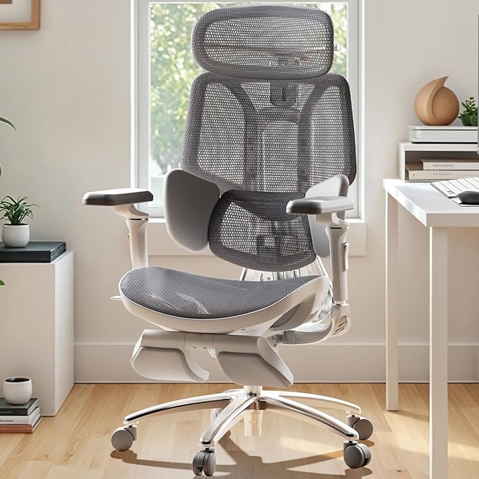 Hbada E3 Ultra Ergonomic Chair, with 3-Zone Dynamic Lumbar Support, 360° Mechanical Armrest, 4D Adjustable Headrest, Aluminum Alloy, Mesh Chair, Grey