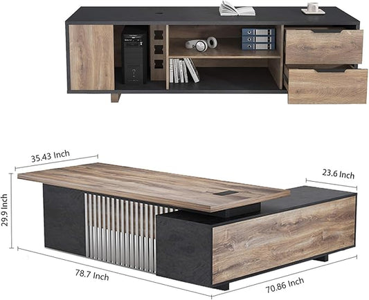 78.7 Inch Large Executive Desk with Drawers Cabinet, L Shaped Office Desk, Computer Desk with Universal Charging Ports and Cable Management for Business Furniture Set Workstation for Home Office