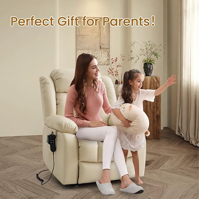 TEKAMON Power Lift Recliner Chair for Elderly with Heat & Massage, Dual Motor Breathable Leather Recliner, Lay Flat Sleeping Chairs with Infinite Position, Remote Control & USB Type-c Ports(Beige)