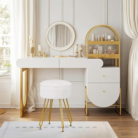 VECELO Vanity Stool with Storage, Velvet Chair for Vanity, Strong Metal Legs, Anti-Slip Feet, Padded Seat for Make Up, Bedroom, Living Room, Entryway, White