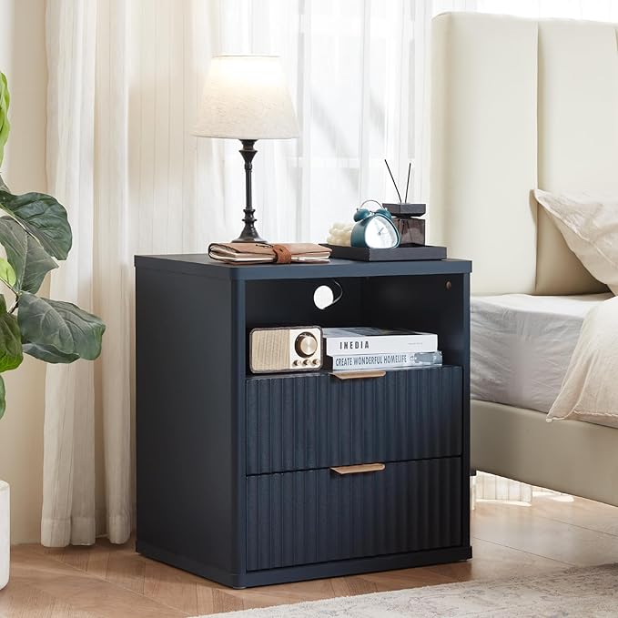 LEYAOYAO Fluted Nightstand with Charging Station, 23" Wide 2 Drawers End Table,Night Stand with Open Storage Cabinet, Farmhouse Bed Side Tables, Wood Dresser for Bedroom, Living Room, Closet, Blue