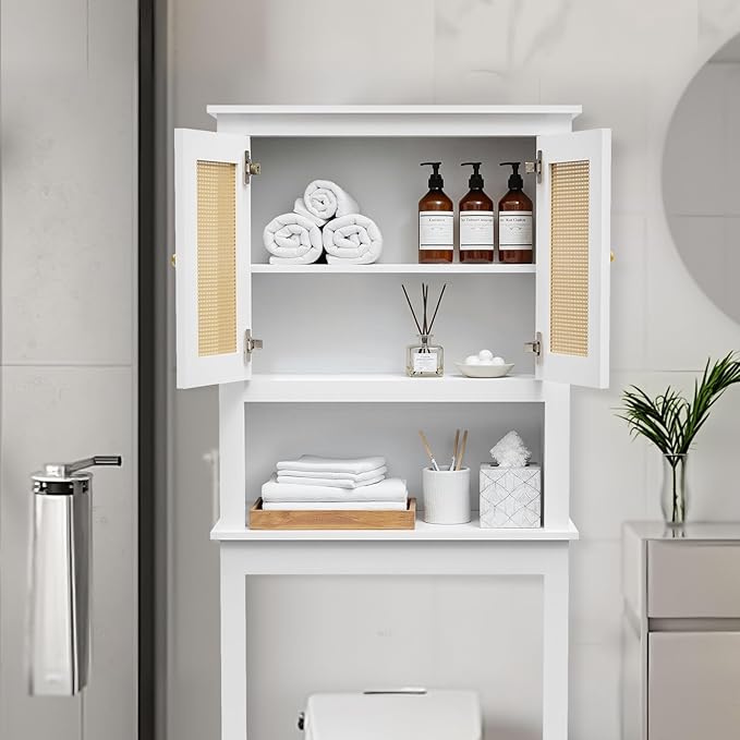 Over The Toilet Storage Cabinet, Behind Toilet Bathroom Organizer with Adjustable Shelves, Above Toilet Organizers with Rattan Door, Space Saver for Restroom, Bathroom, Laundry