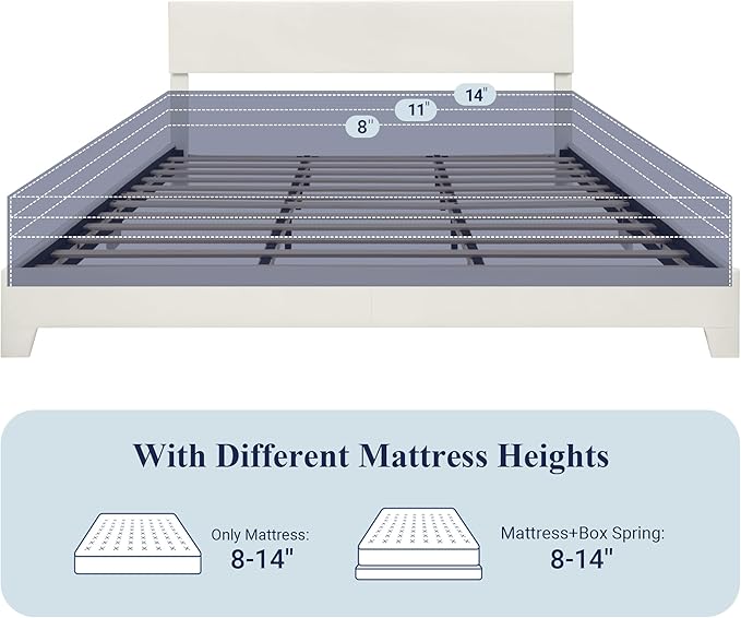 Allewie King Size Bed Frame with Adjustable Headboard, Faux Leather Platform Bed with Wood Slats, Heavy Duty Mattress Foundation, No Box Spring Needed, Noise-Free, Easy Assembly, White
