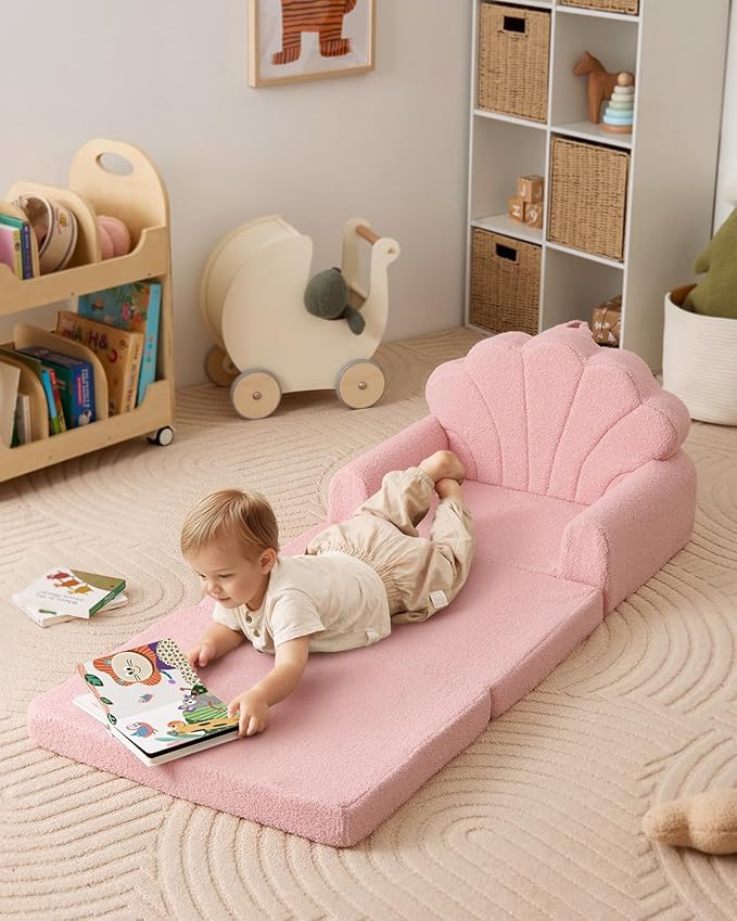 Blissful Diary Kids Couch, 2-in-1 Soft Toddler Couch Fold Out, Toddler Chair Comfy, Convertible Sofa to Lounger, Kids Furniture for Playroom, Gift for Birthday, Children's Day, Pink Shell