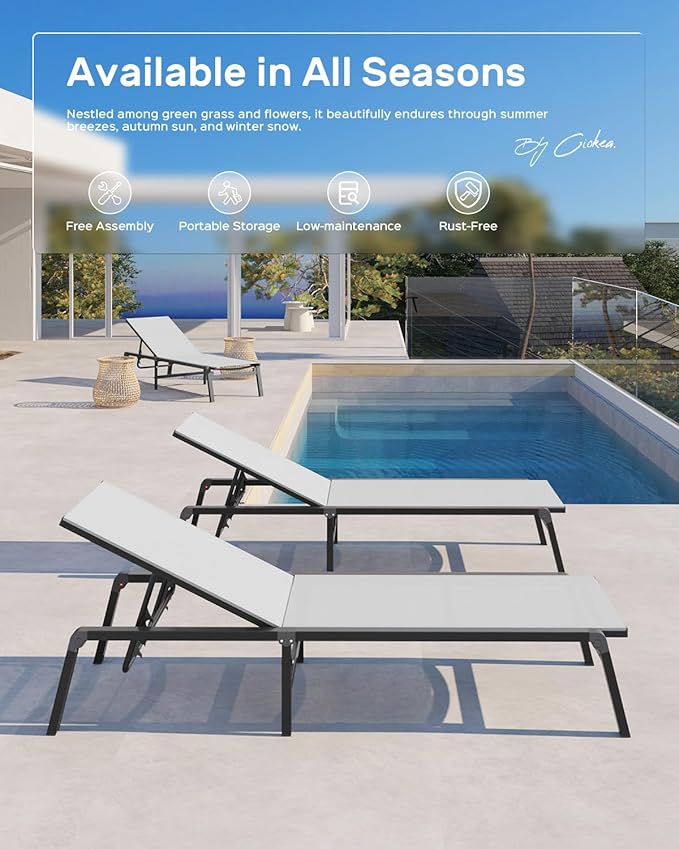 Patio Chaise Lounge Chair, Foldable Lounge Chair for Outside, Aluminum Chairs Set of 2 with 5 Adjustable Backrest, Outdoor Pool Lounger for Poolside, Lawn, Deck, White
