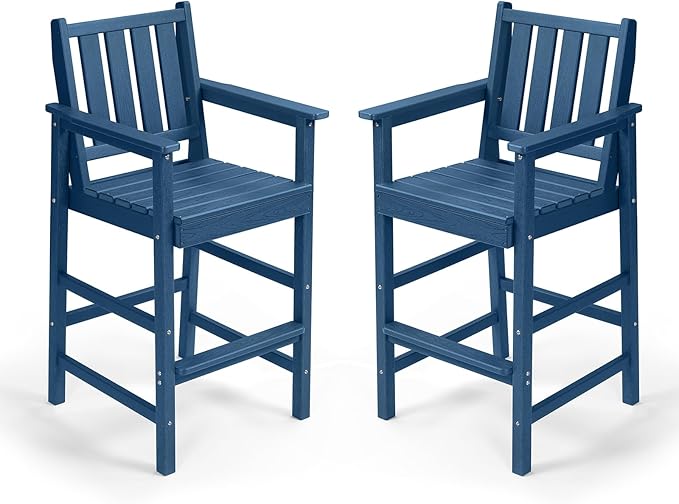 Adirondack Bar Chair Set of 2, HDPE Tall Adirondack Chairs Bar Stools with Footrest, Outdoor Bar Height Stool Chair Set, HDPE Patio Barstools Set for Poolside, Balcony, Garden, Navy