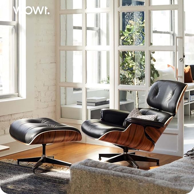 Top Black Grain Leather, Mid Century Chaise Lounge Chair and Ottoman, Modern Chair Classic Design, Palisander Wood, Heavy Duty Base Support for Living Room Office