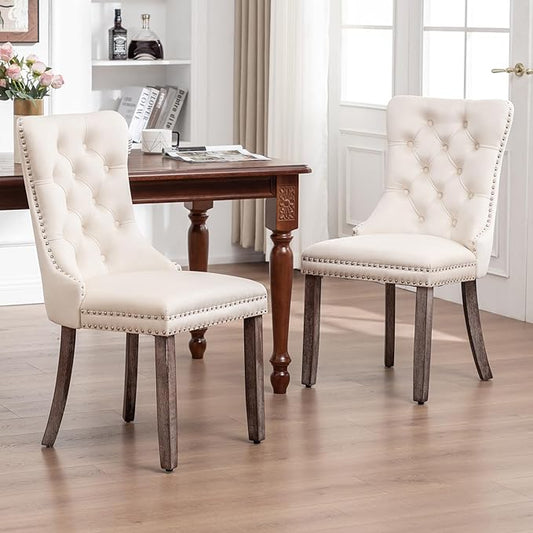 Velvet Dining Chairs Set of 2, Tufted Dining Room Chairs with Nailhead Ring Pull Trim, Upholstered Dining Chairs with Solid Wood Legs for Kitchen Dining Room (Beige)