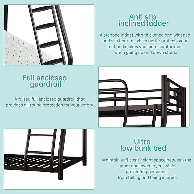 Metal Twin Over Full Bunk Bed,Bunk Beds Twin Over Full Size with Removable Wide Ladder and Full-Length Guardrail,Low Full BunkBeds Frame Heavy Duty steel Slat Support For Adults Kids and Young Teens