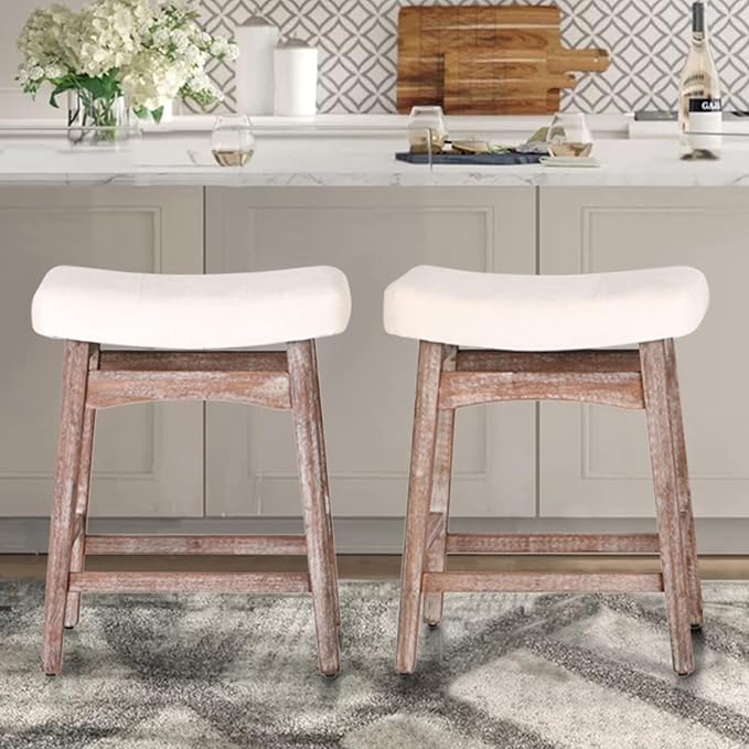 ALPHA HOME Bar Stools Set of 2, Solid Wood Saddle Kitchen Stools with Beige Linen Fabric Cushion Counter Height Barstools with Vintage Farm Wooden Base for Kitchen Dining Cafe, 24 Inch, Beige, 2PCS