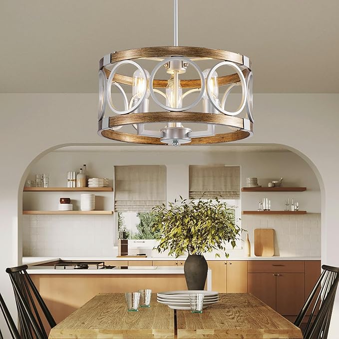 15.7'' Drum Chandelier, 3-Light Adjustable Height Round Dining RoomChandeliers, Silver Light Fixture Ceiling Mount Wood Grain Finish, Farmhouse Ceiling Light Fixture for Hallway