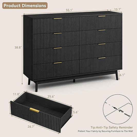 CARPETNAL Fluted 8 Drawer Dresser for Bedroom, 55" Wide Wooden Chest of Drawers with Rounded Corners, Gold Handles, Modern Storage Organizer for Bedroom, Hallway(Black)