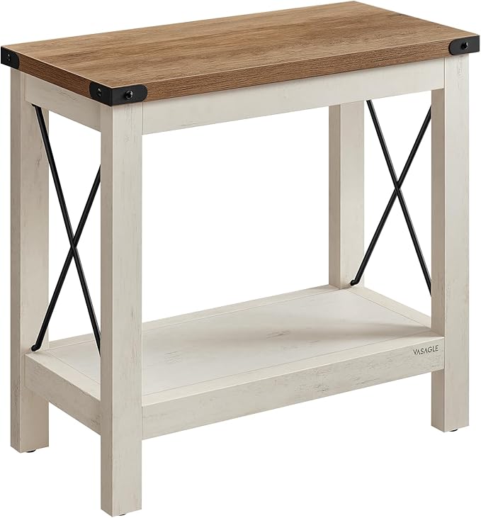 VASAGLE 2-Tier End Table, Side Table with Bottom Shelf, Nightstand for Small Spaces, for Living Room, Bedroom, Farmhouse Style, Rustic White and Honey Brown ULET235W01