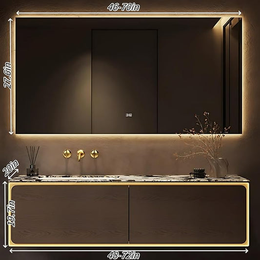 52IN Bathroom Vanity Set with a Single Sink - Embedded Sensor Light Strip & Large Capacity Floating Cabinet | Modern Bathroom Vanities with Defogging Mirror Surface & LED Lighting (Mirror)