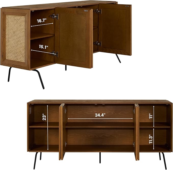 NTC MOSSIC Modern Sideboard with 4 Doors, Natural Rattan Storage Cabinet, Buffet with Metal Legs, Boho Accent Cabinet for Living Room, and Entryway, Effortless Assembly - Rustic Oak
