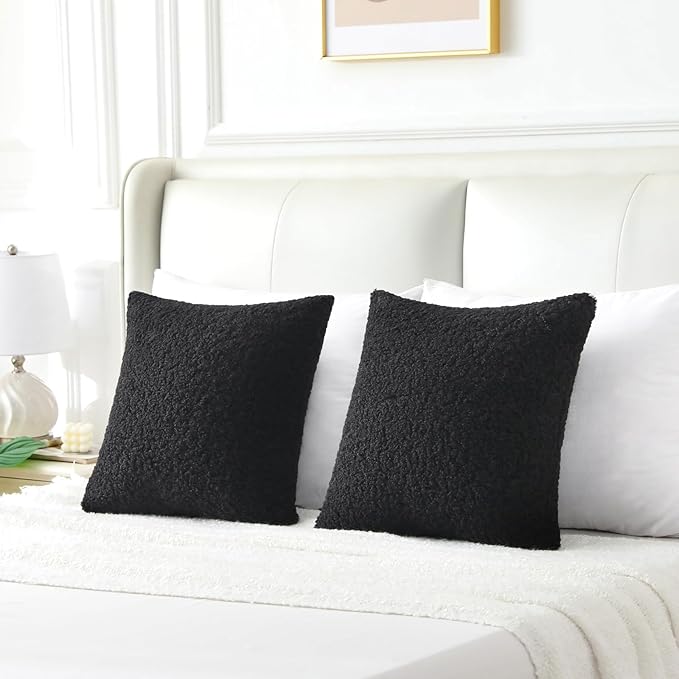 FUTEI Black Throw Pillow Covers 18x18 Inch Set of 2,Furry Faux Fur Teddy Boucle Textured Cushion Covers,Soft Fluffy Decorative Pillow Case,Home Decor for Couch Bed Living Room Office Car