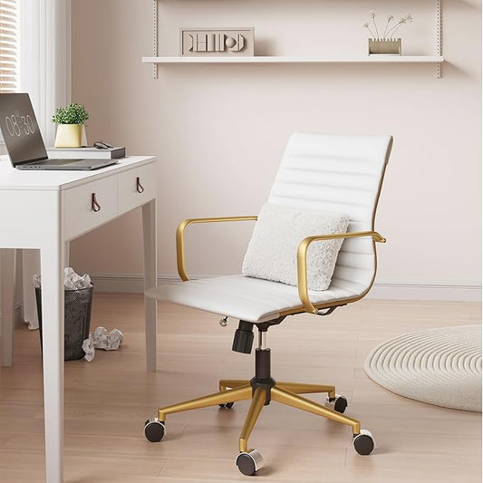 Ergonomic Office Chair White and Gold Leather Desk Chair for Home Office, Mid Century Comfy Executive Computer Chair Adjustable Swivel