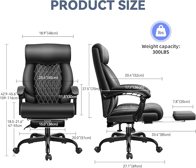 Big and Tall Executive Leather Reclining Office Chair with Footrest and Lumbar Support