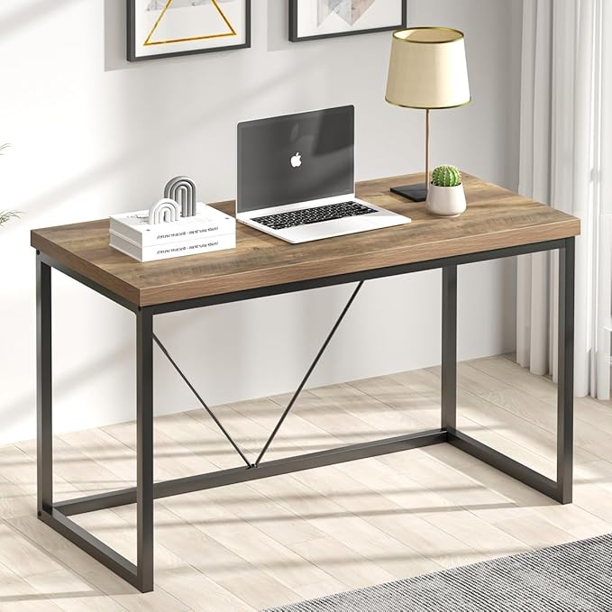 FOLUBAN Modern Home Office Desk, Rustic Wood and Metal Computer Desk, Industrial Study Writing Gaming Table Workstation, Vintage Laptop PC Desk, Oak 47 Inch