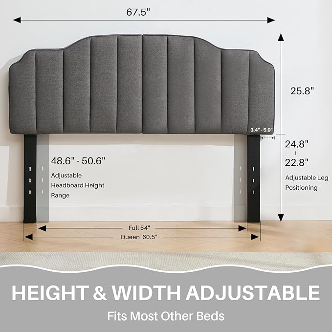 Queen Size Headboard Dark Gray Upholstered Headboard Adjustable Height&Width Linen Headboards Modern Vertical Channel Design Bed Head Board, Dark Gray