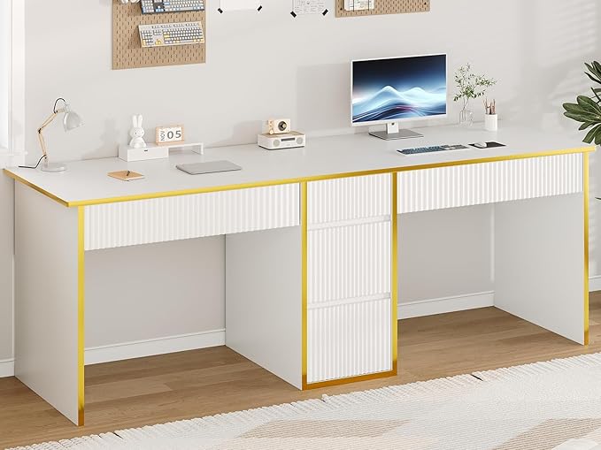 4 EVER WINNER Two Person Desk with Drawers, 78.72 Inch Extra Long Computer Desk with 5 Storage Drawers, Study Writing Desk with Storage Shelves for Home Office, White and Gold Desk