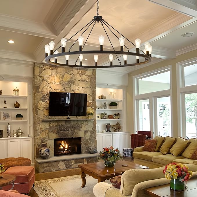 53” Black Large Wagon Wheel Chandelier,Vintage Rustic Farmhouse Chandeliers 18-Lights,Round Metal Industrial High Ceiling Pendant Light with Adjustable Height for Kitchen,Foyer,Porch,Living room