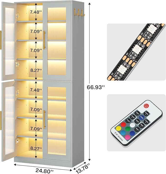 Tribesigns Tall Shoe Cabinet with Acrylic Doors and LED Lights, 8-Tier Entryway Shoe Organizer Storage Rack with Adjustable Shelves and Hanging Hooks for Narrow Closet, Hallway, Living Room, Gray