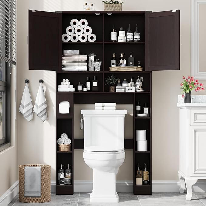 Vabches Over The Toilet Storage Cabinet, Farmhouse Storage Cabinet Over Toilet with 2 Barn Doors ,Toilet Paper Holder Stand,Home Space-Saving Toilet Rack, for Laundry, Restroom, Bathroom(Walnut)