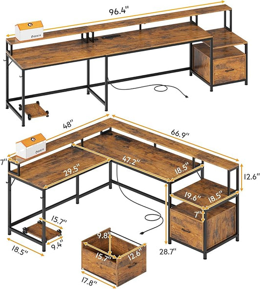 SEDETA L Shaped Office Desk, 66" Corner L Shaped Computer Desk with Wood File Drawer & Power Outlet for Home Office, Gaming Table with Led Lights, Monitor Shelf, Printer Storage Shelves, Rustic Brown