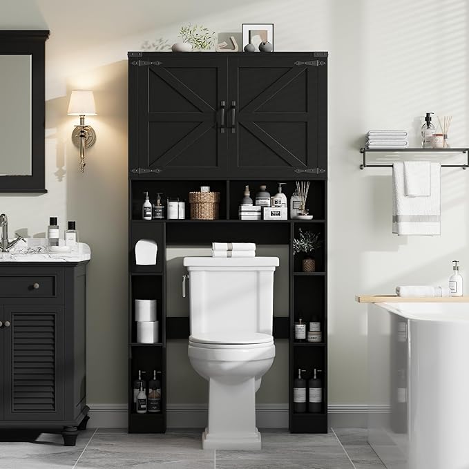 Vabches Over The Toilet Storage Cabinet, Farmhouse Storage Cabinet Over Toilet with 2 Barn Doors ,Toilet Paper Holder Stand,Home Space-Saving Toilet Rack, for Laundry, Restroom, Bathroom.Black.
