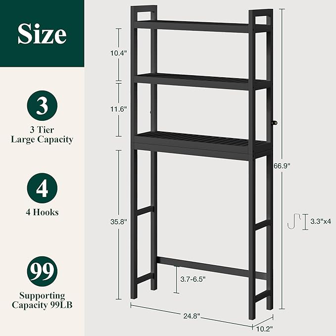 Smiry Over The Toilet Storage Cabinet, 3-Tier Bamboo Bathroom Organizers with Adjustable Shelf & 4 Hooks, Space Saving Shelf Rack for Bathrooms, Laundry Room, Balcony, Black