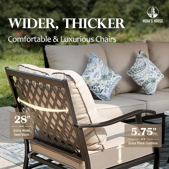 HERA'S HOUSE 7 Piece Patio Furniture Set, 4 x Fixed Metal Cushioned Chair, 2 x Cushioned Ottoman, 1 x 3-Seat Sofa, Outdoor Conversation Set for Lawn Garden Backyard Poolside