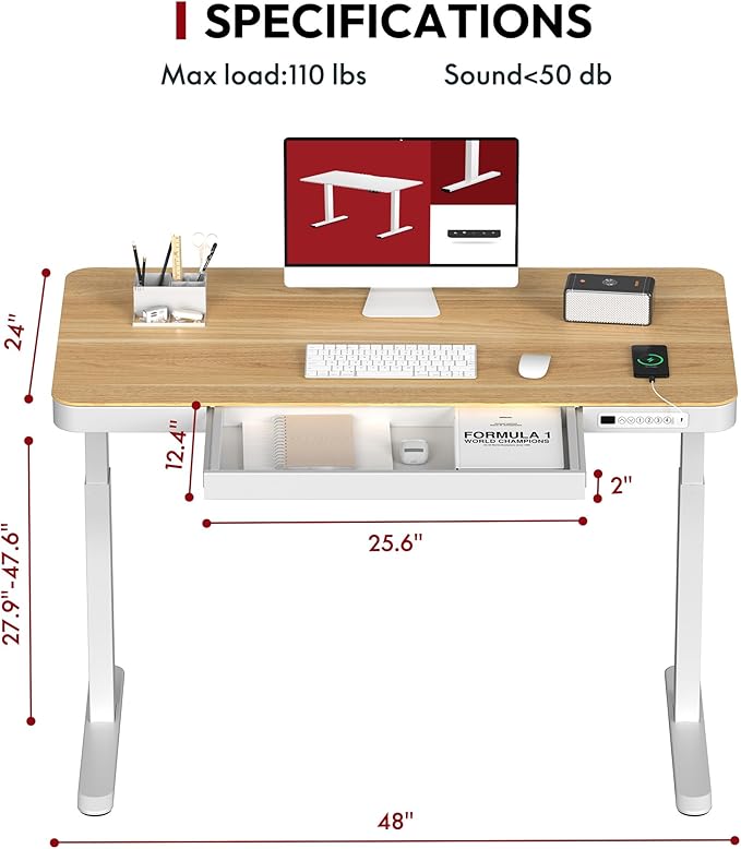 Standing Desk with Drawer, Electric Height Adjustable Home Office Desk with Storage & USB Ports, 48 inch Maple Wood Tabletop/White Frame