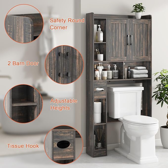 Vabches Over The Toilet Storage Cabinet, Farmhouse Storage Cabinet Over Toilet with Barn Door,Home Space-Saving Toilet Rack, for Bathroom, Restroom, Laundry