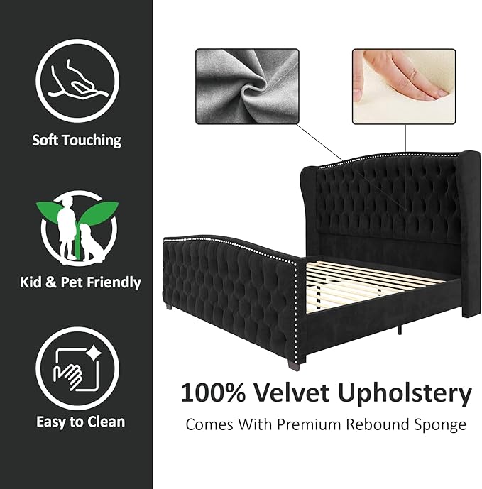 AMERLIFE King Size Platform Bed Frame, Velvet Upholstered Bed with Deep Button Tufted & Nailhead Trim Wingback Headboard/No Box Spring Needed/Black