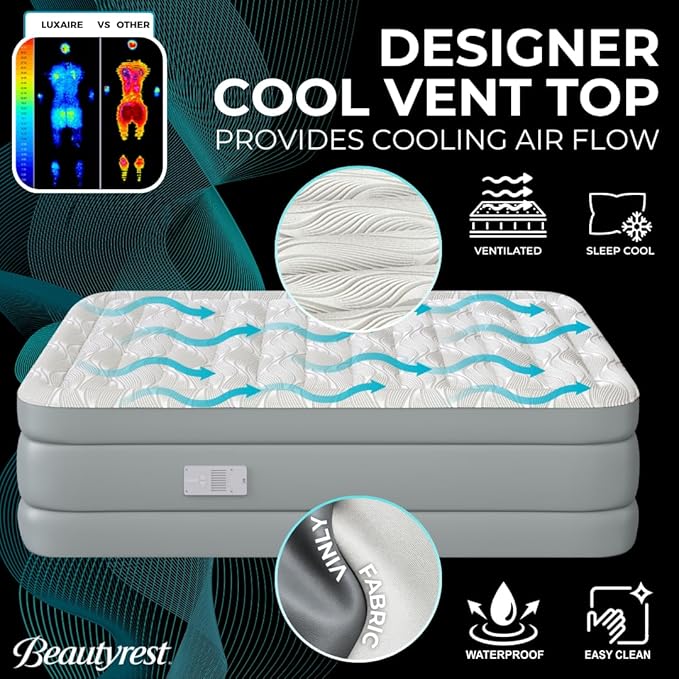 Beautyrest Luxaire, Queen Size Luxury Air Mattress, 20 Inch Height with Cool Vent Top, Smart Auto Shut-Off Pump, Puncture Resistant Ever Firm Fabric with Edge Support