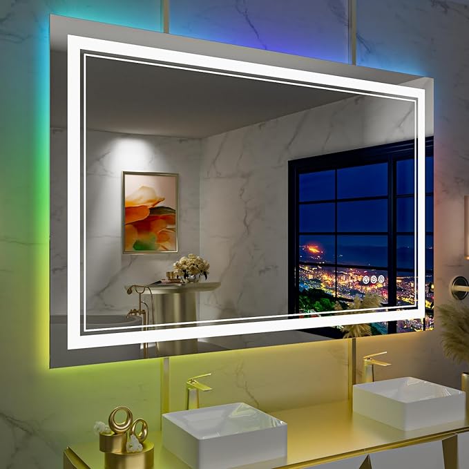 40x36 Inch RGB LED Bathroom Mirror with Lights, Color Changing RGB Backlit LED Mirror for Bathroom,Lighted Vanity Mirrors for Bathroom Wall, Dimmable, Anti-Fog (RGB Backlit+Front-Lit)
