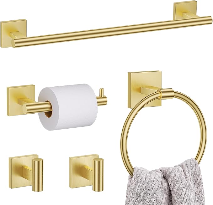 5 Pieces Bathroom Hardware Set Brushed Gold Towel Bar Set Includes 23.6” Towel Bar, Towel Ring Holder, Toilet Paper Holder and Two Towel Hooks, Bathroom Accessories Set SUS304 Wall Mounted