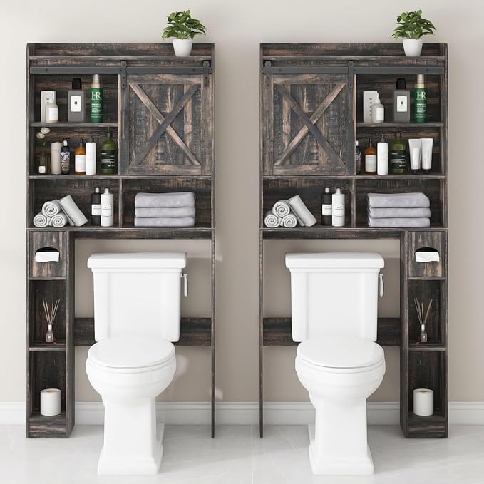 Over The Toilet Storage Cabinet, Farmhouse Storage Cabinet Over Toilet with Sliding Doors & Toilet Paper Holder Stand,Home Space-Saving Toilet Rack, for Bathroom, Laundry(Dark Grey)