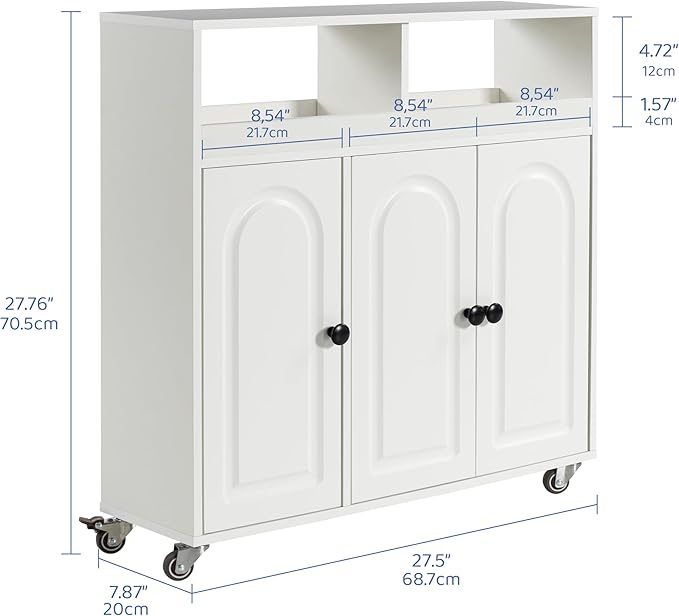Bathroom Storage Cart with Doors,3-Door Cabinet & Divided Open Shelf,Rolling Organizer Cart for Bathroom, Toilet,White (1)