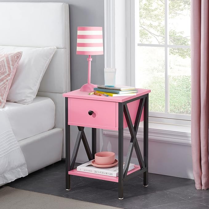 VECELO End Tables, Modern Nightstand with Drawer & Shelf, Night Stand for Bedroom Living Room,Industrial Metal Frame