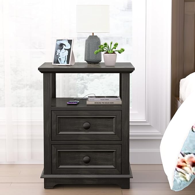 End Table with Fast USB C Charging Station,18" Wide Sofa Side Table with 2 Drawers, Large Storage Rustic Wood Square Storage Cabinet for Living Room, Bedroom, Office, Black