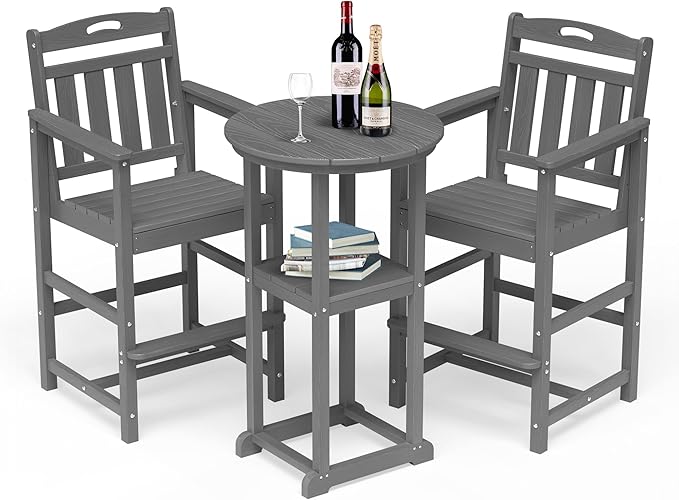 HDPE Outdoor Patio Bar Set with Bar Height Table and 2 Adirondack Chairs, All-Weather High Top Outside Round Pub Furniture for Bistro, Garden, Backyard, Deck | 3-Pieces, Grey