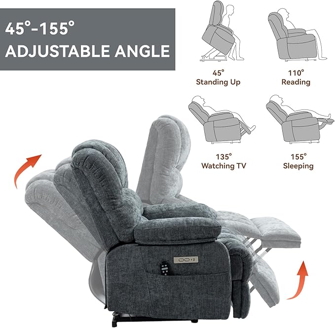 Power Lift Recliner Chair for Elderly with Heat Function, 8 Node Massage with 3 Selectable Modes, Oversized Electric Lift Recliner Single Sofa for Living Room with USB, Blue-Grey