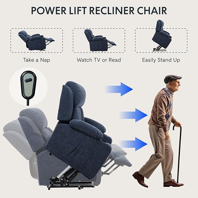 FLEXISPOT XL31 Power Lift Recliner Chair for Elderly, Electric Lift Chair with Massage & Heat, Corduroy Reclining Sofa w/Cup Holders, Side Pockets for Living Room Bedroom(Medium Size,Royal Blue)