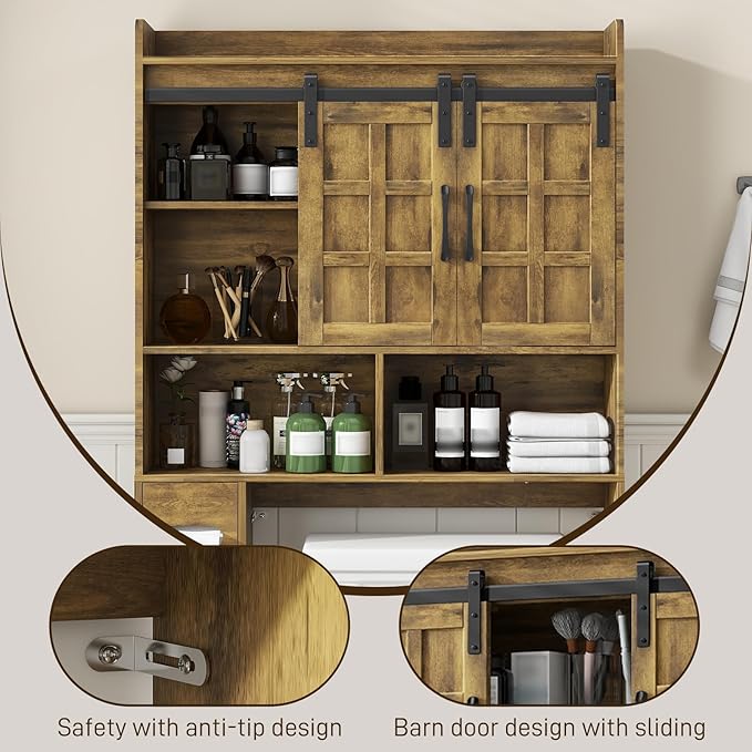 Over The Toilet Storage Cabinet, Farmhouse Storage Cabinet Over Toilet with Sliding Doors,Home Space-Saving Toilet Rack, for Bathroom, Restroom, Laundry. Brown
