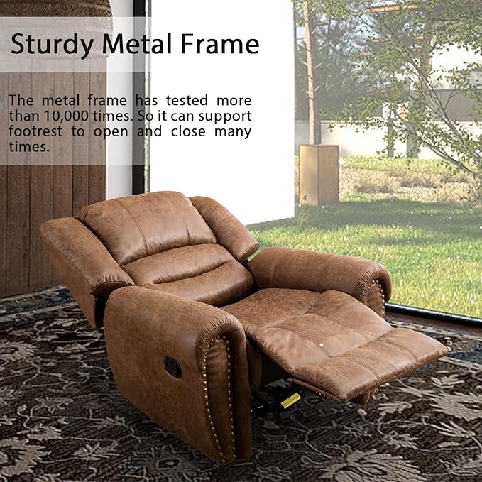 INZOY Leather Recliner Chair, Heavy Duty Manual Reclining Sofa Single Lounge Sofa for Living Room, Home Theater Seating, Light Brown